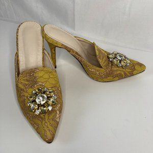 New 19th Century Embroidered Lace High Heel Slides Mules Size 5 (36) Tan…